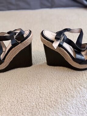 Black Wedge Espadrille Sandals with Braided Trim